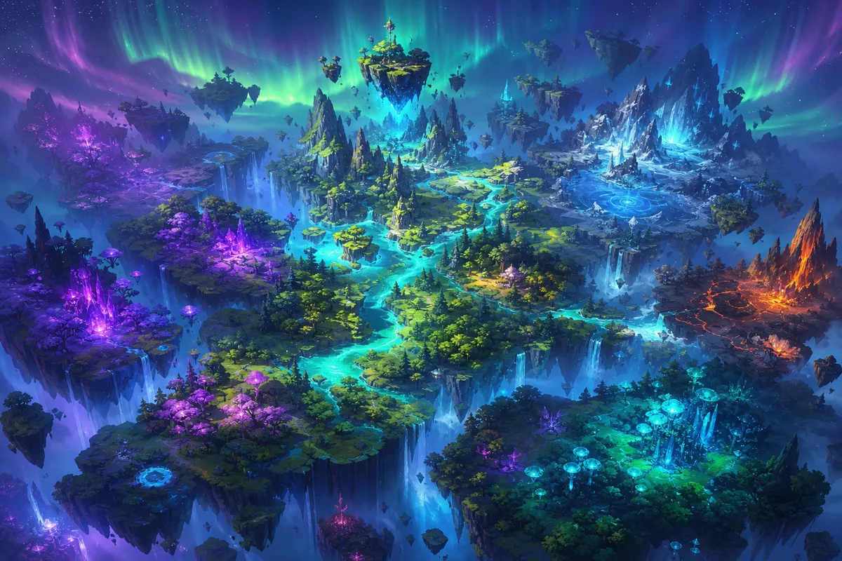 Paysage fantastique de jeu vidéo indépendant avec îles flottantes